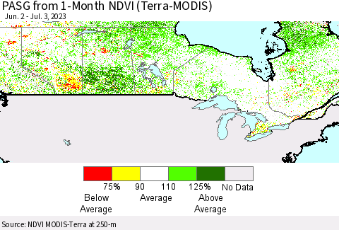 Canada PASG from 1-Month NDVI (Terra-MODIS) Thematic Map For 6/26/2023 - 7/3/2023