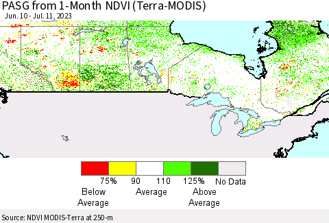 Canada PASG from 1-Month NDVI (Terra-MODIS) Thematic Map For 7/4/2023 - 7/11/2023