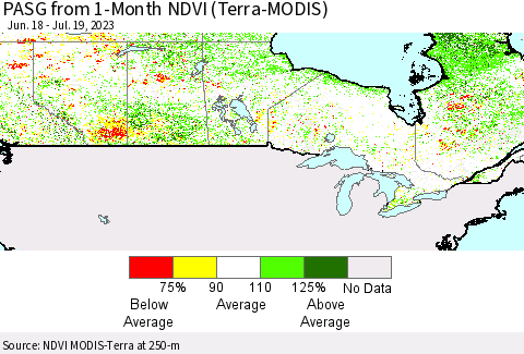 Canada PASG from 1-Month NDVI (Terra-MODIS) Thematic Map For 7/12/2023 - 7/19/2023