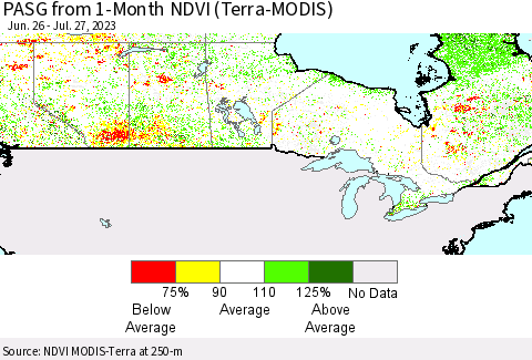 Canada PASG from 1-Month NDVI (Terra-MODIS) Thematic Map For 7/20/2023 - 7/27/2023