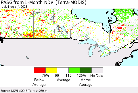 Canada PASG from 1-Month NDVI (Terra-MODIS) Thematic Map For 7/28/2023 - 8/4/2023