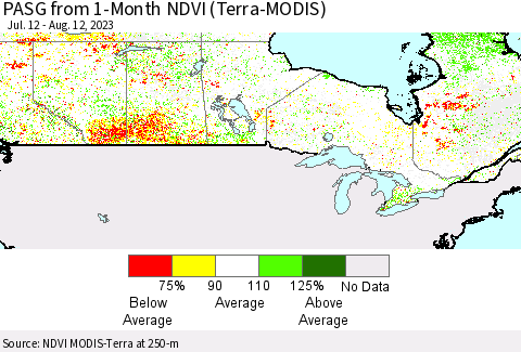 Canada PASG from 1-Month NDVI (Terra-MODIS) Thematic Map For 8/5/2023 - 8/12/2023