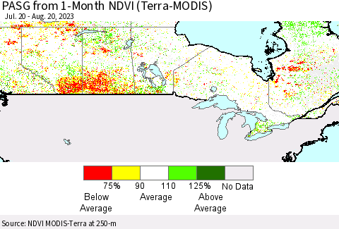 Canada PASG from 1-Month NDVI (Terra-MODIS) Thematic Map For 8/13/2023 - 8/20/2023