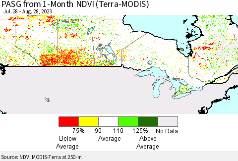 Canada PASG from 1-Month NDVI (Terra-MODIS) Thematic Map For 8/21/2023 - 8/28/2023