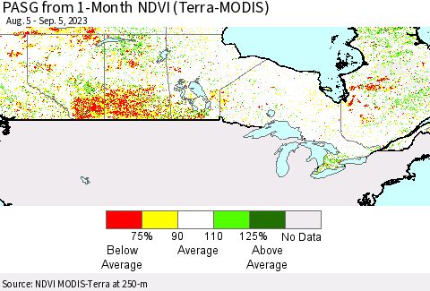 Canada PASG from 1-Month NDVI (Terra-MODIS) Thematic Map For 8/29/2023 - 9/5/2023