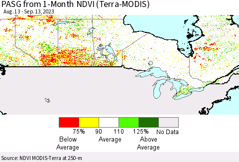 Canada PASG from 1-Month NDVI (Terra-MODIS) Thematic Map For 9/6/2023 - 9/13/2023