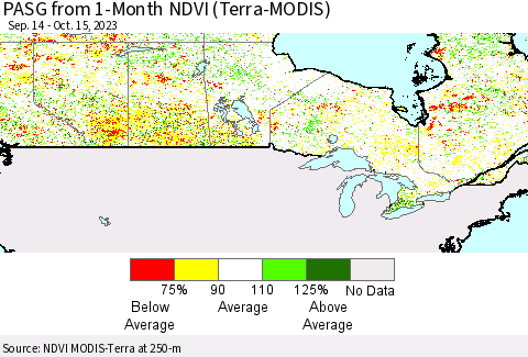 Canada PASG from 1-Month NDVI (Terra-MODIS) Thematic Map For 10/8/2023 - 10/15/2023