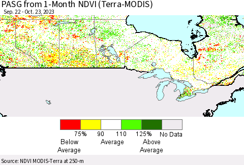 Canada PASG from 1-Month NDVI (Terra-MODIS) Thematic Map For 10/16/2023 - 10/23/2023