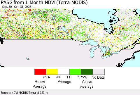 Canada PASG from 1-Month NDVI (Terra-MODIS) Thematic Map For 10/24/2023 - 10/31/2023