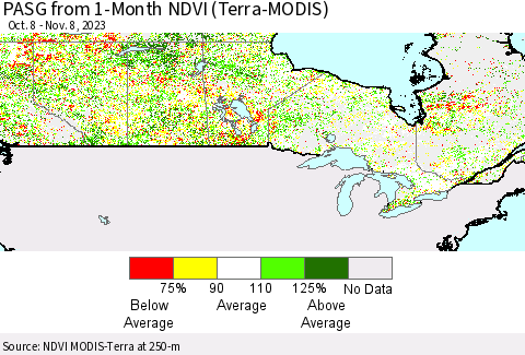 Canada PASG from 1-Month NDVI (Terra-MODIS) Thematic Map For 11/1/2023 - 11/8/2023