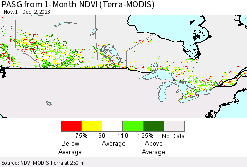 Canada PASG from 1-Month NDVI (Terra-MODIS) Thematic Map For 11/25/2023 - 12/2/2023