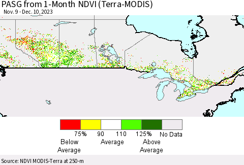 Canada PASG from 1-Month NDVI (Terra-MODIS) Thematic Map For 12/3/2023 - 12/10/2023