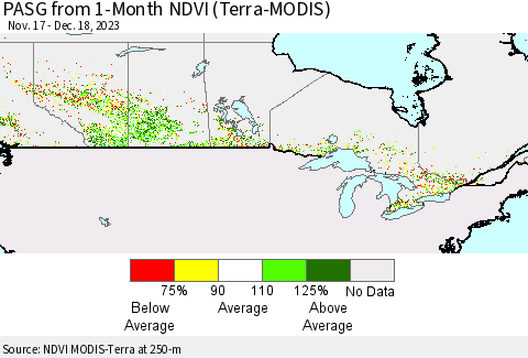 Canada PASG from 1-Month NDVI (Terra-MODIS) Thematic Map For 12/11/2023 - 12/18/2023