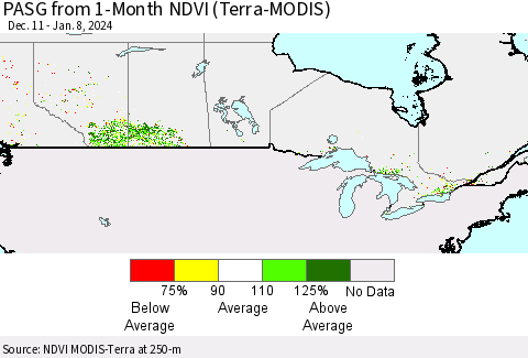 Canada PASG from 1-Month NDVI (Terra-MODIS) Thematic Map For 1/1/2024 - 1/8/2024