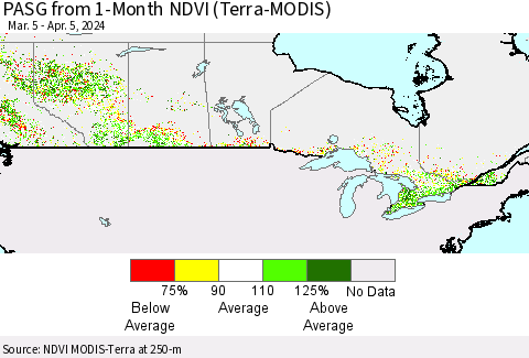 Canada PASG from 1-Month NDVI (Terra-MODIS) Thematic Map For 3/29/2024 - 4/5/2024