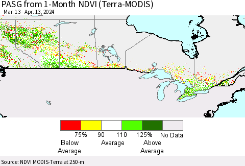 Canada PASG from 1-Month NDVI (Terra-MODIS) Thematic Map For 4/6/2024 - 4/13/2024