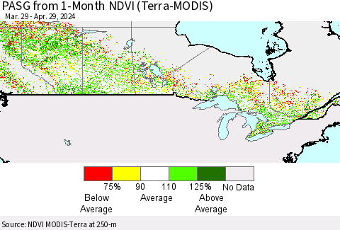 Canada PASG from 1-Month NDVI (Terra-MODIS) Thematic Map For 4/22/2024 - 4/29/2024