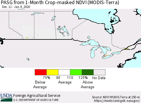 Canada PASG from 1-Month Cropland NDVI (Terra-MODIS) Thematic Map For 1/1/2020 - 1/10/2020