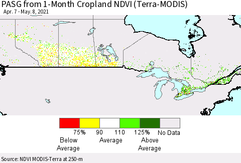 Canada PASG from 1-Month Cropland NDVI (Terra-MODIS) Thematic Map For 5/1/2021 - 5/8/2021