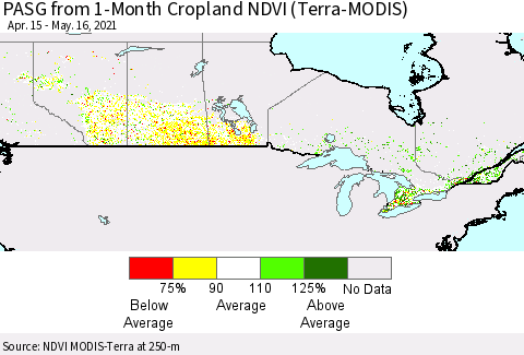Canada PASG from 1-Month Cropland NDVI (Terra-MODIS) Thematic Map For 5/9/2021 - 5/16/2021