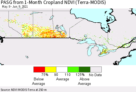 Canada PASG from 1-Month Cropland NDVI (Terra-MODIS) Thematic Map For 6/2/2021 - 6/9/2021
