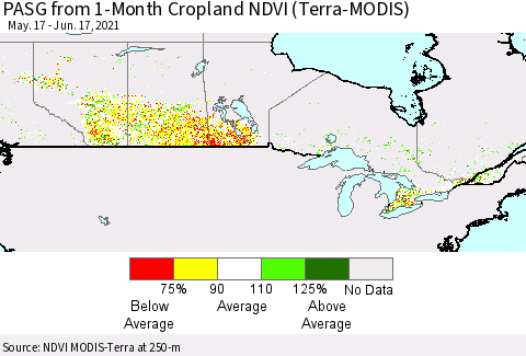 Canada PASG from 1-Month Cropland NDVI (Terra-MODIS) Thematic Map For 6/10/2021 - 6/17/2021