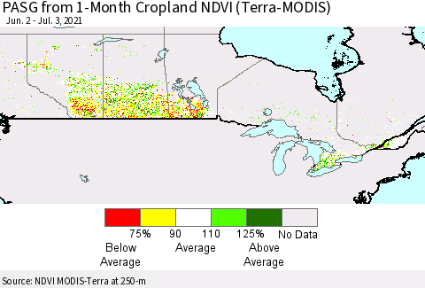 Canada PASG from 1-Month Cropland NDVI (Terra-MODIS) Thematic Map For 6/26/2021 - 7/3/2021