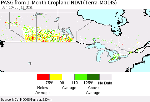 Canada PASG from 1-Month Cropland NDVI (Terra-MODIS) Thematic Map For 7/4/2021 - 7/11/2021