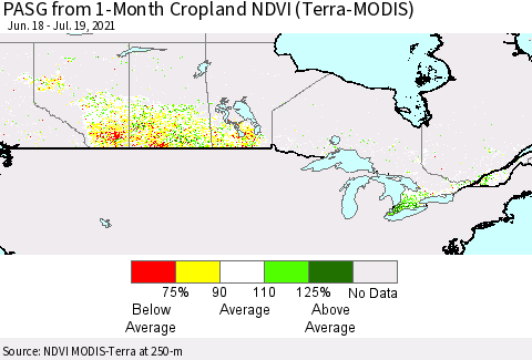 Canada PASG from 1-Month Cropland NDVI (Terra-MODIS) Thematic Map For 7/12/2021 - 7/19/2021