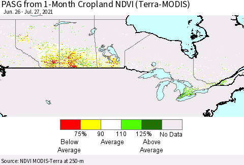 Canada PASG from 1-Month Cropland NDVI (Terra-MODIS) Thematic Map For 7/20/2021 - 7/27/2021