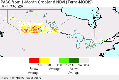 Canada PASG from 1-Month Cropland NDVI (Terra-MODIS) Thematic Map For 7/28/2021 - 8/4/2021