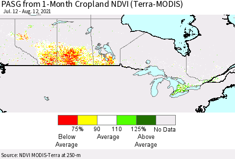 Canada PASG from 1-Month Cropland NDVI (Terra-MODIS) Thematic Map For 8/5/2021 - 8/12/2021