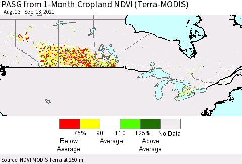 Canada PASG from 1-Month Cropland NDVI (Terra-MODIS) Thematic Map For 9/6/2021 - 9/13/2021