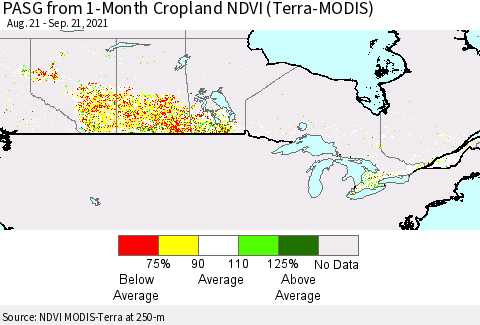 Canada PASG from 1-Month Cropland NDVI (Terra-MODIS) Thematic Map For 9/14/2021 - 9/21/2021