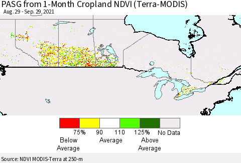 Canada PASG from 1-Month Cropland NDVI (Terra-MODIS) Thematic Map For 9/22/2021 - 9/29/2021