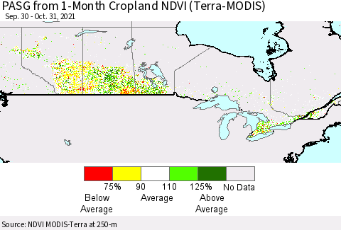 Canada PASG from 1-Month Cropland NDVI (Terra-MODIS) Thematic Map For 10/24/2021 - 10/31/2021