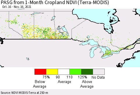 Canada PASG from 1-Month Cropland NDVI (Terra-MODIS) Thematic Map For 11/9/2021 - 11/16/2021