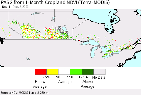 Canada PASG from 1-Month Cropland NDVI (Terra-MODIS) Thematic Map For 11/25/2021 - 12/2/2021