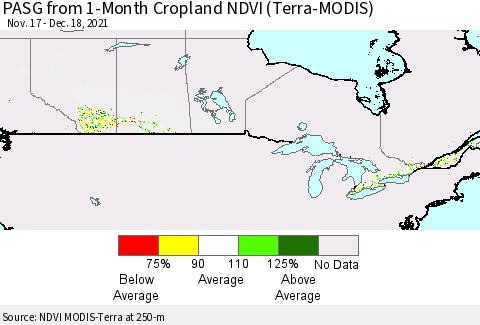 Canada PASG from 1-Month Cropland NDVI (Terra-MODIS) Thematic Map For 12/11/2021 - 12/18/2021