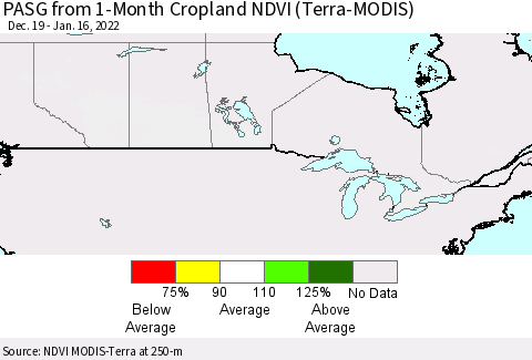 Canada PASG from 1-Month Cropland NDVI (Terra-MODIS) Thematic Map For 1/9/2022 - 1/16/2022