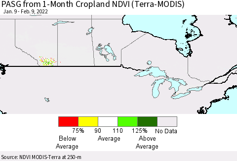 Canada PASG from 1-Month Cropland NDVI (Terra-MODIS) Thematic Map For 2/2/2022 - 2/9/2022
