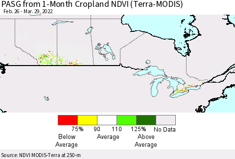 Canada PASG from 1-Month Cropland NDVI (Terra-MODIS) Thematic Map For 3/22/2022 - 3/29/2022