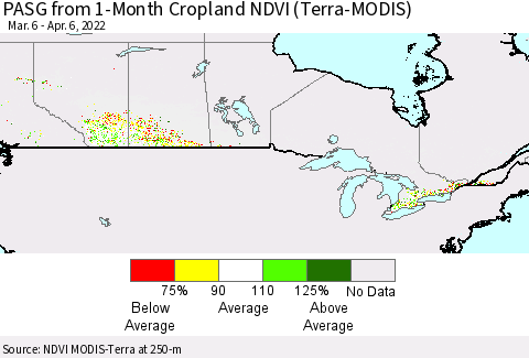 Canada PASG from 1-Month Cropland NDVI (Terra-MODIS) Thematic Map For 3/30/2022 - 4/6/2022