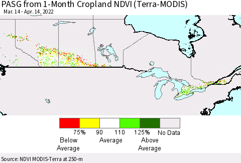 Canada PASG from 1-Month Cropland NDVI (Terra-MODIS) Thematic Map For 4/7/2022 - 4/14/2022