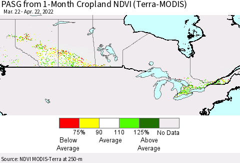 Canada PASG from 1-Month Cropland NDVI (Terra-MODIS) Thematic Map For 4/15/2022 - 4/22/2022