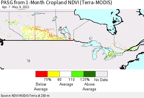 Canada PASG from 1-Month Cropland NDVI (Terra-MODIS) Thematic Map For 5/1/2022 - 5/8/2022