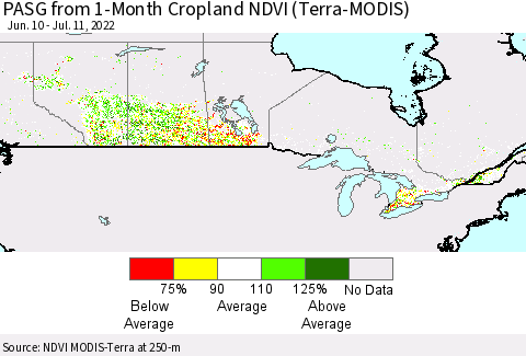 Canada PASG from 1-Month Cropland NDVI (Terra-MODIS) Thematic Map For 7/4/2022 - 7/11/2022