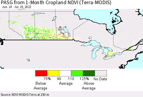 Canada PASG from 1-Month Cropland NDVI (Terra-MODIS) Thematic Map For 7/12/2022 - 7/19/2022