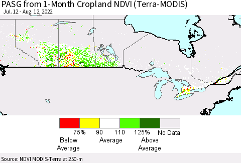 Canada PASG from 1-Month Cropland NDVI (Terra-MODIS) Thematic Map For 8/5/2022 - 8/12/2022