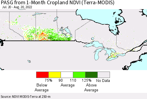 Canada PASG from 1-Month Cropland NDVI (Terra-MODIS) Thematic Map For 8/13/2022 - 8/20/2022